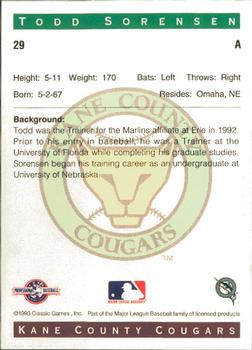 1993 Classic Best Kane County Cougars #29 Todd Sorensen Back