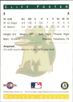 1993 Classic Best Madison Muskies #9 Cliff Foster Back