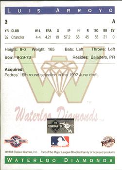 1993 Classic Best Waterloo Diamonds #3 Luis Arroyo Back