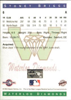 1993 Classic Best Waterloo Diamonds #6 Stoney Briggs Back