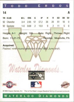 1993 Classic Best Waterloo Diamonds #14 Todd Erdos Back