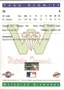1993 Classic Best Waterloo Diamonds #26 Todd Schmitt Back