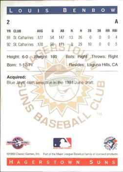 1993 Classic Best Hagerstown Suns #2 Louis Benbow Back