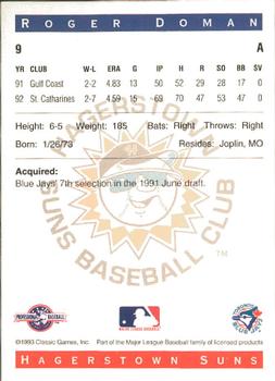 1993 Classic Best Hagerstown Suns #9 Roger Doman Back