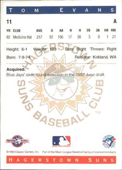 1993 Classic Best Hagerstown Suns #11 Tom Evans Back