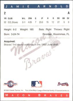 1993 Classic Best Macon Braves #2 Jamie Arnold Back