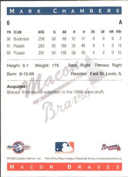 1993 Classic Best Macon Braves #6 Mark Chambers Back
