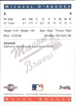 1993 Classic Best Macon Braves #8 Michael D'Andrea Back