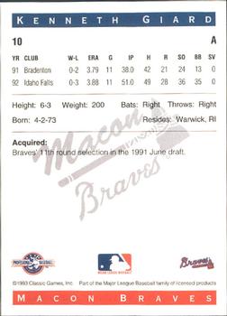 1993 Classic Best Macon Braves #10 Kenneth Giard Back