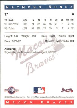 1993 Classic Best Macon Braves #17 Raymond Nunez Back
