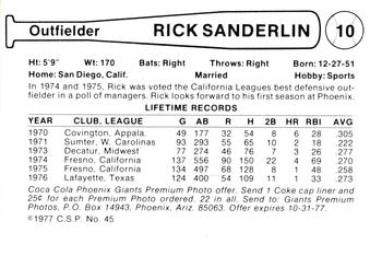 1977 Cramer Phoenix Giants #NNO Rick Sanderlin Back
