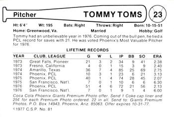 1977 Cramer Phoenix Giants #NNO Tommy Toms Back