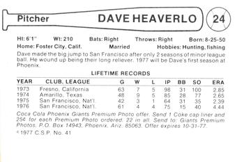 1977 Cramer Phoenix Giants #NNO Dave Heaverlo Back