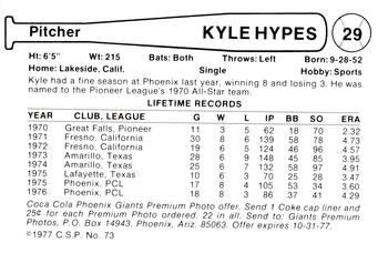 1977 Cramer Phoenix Giants #NNO Kyle Hypes Back