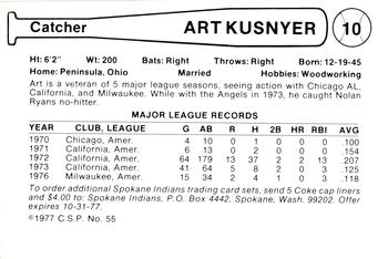 1977 Cramer Spokane Indians #55 Art Kusnyer Back