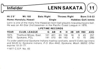 1977 Cramer Spokane Indians #83 Lenn Sakata Back