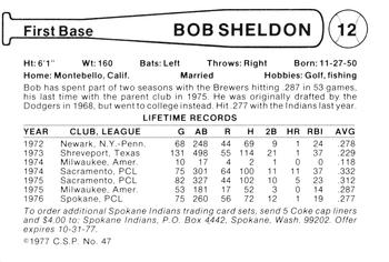 1977 Cramer Spokane Indians #47 Bob Sheldon Back