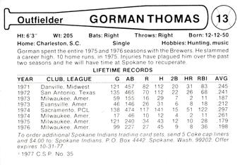 1977 Cramer Spokane Indians #35 Gorman Thomas Back