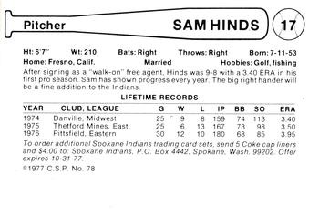 1977 Cramer Spokane Indians #78 Sam Hinds Back