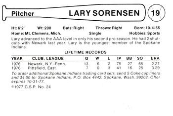 1977 Cramer Spokane Indians #24 Lary Sorensen Back