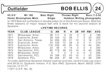 1977 Cramer Spokane Indians #30 Rob Ellis Back