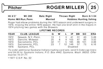 1977 Cramer Spokane Indians #62 Roger Miller Back