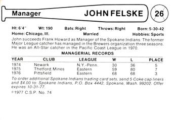 1977 Cramer Spokane Indians #74 John Felske Back