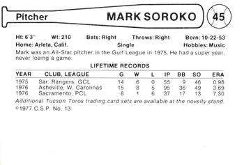 1977 Cramer Tucson Toros #13 Mark Soroko Back