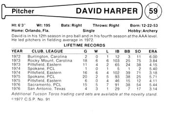 1977 Cramer Tucson Toros #91 David Harper Back