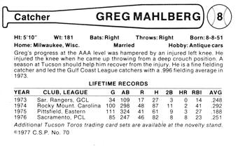 1977 Cramer Tucson Toros #70 Greg Mahlberg Back