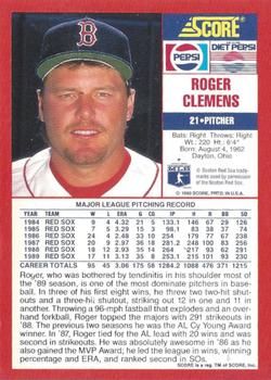 1990 Score Pepsi Boston Red Sox #6 Roger Clemens Back