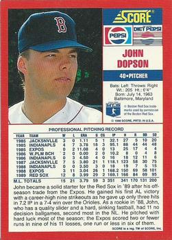 1990 Score Pepsi Boston Red Sox #7 John Dopson Back