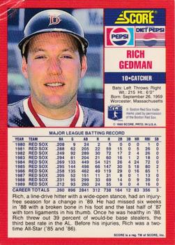 1990 Score Pepsi Boston Red Sox #10 Rich Gedman Back