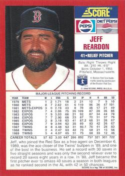 1990 Score Pepsi Boston Red Sox #16 Jeff Reardon Back