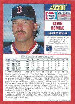 1990 Score Pepsi Boston Red Sox #19 Kevin Romine Back