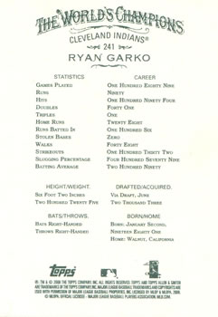2008 Topps Allen & Ginter #241 Ryan Garko Back