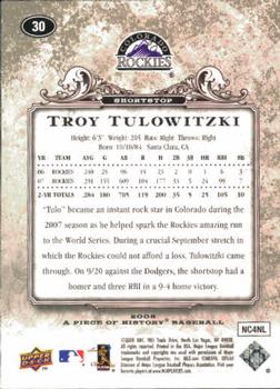 2008 Upper Deck A Piece of History #30 Troy Tulowitzki Back