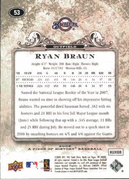 2008 Upper Deck A Piece of History #53 Ryan Braun Back