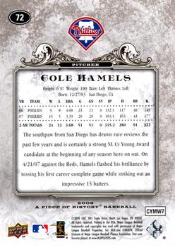 2008 Upper Deck A Piece of History #72 Cole Hamels Back