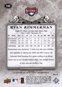 2008 Upper Deck A Piece of History #100 Ryan Zimmerman Back