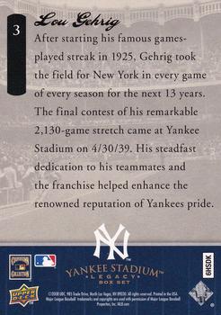 2008 Upper Deck Yankee Stadium Box Set #3 Lou Gehrig Back
