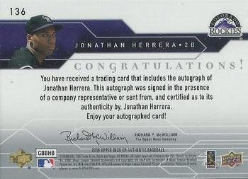 2008 SP Authentic #136 Jonathan Herrera Back
