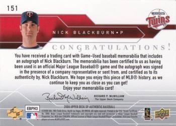 2008 SP Authentic #151 Nick Blackburn Back