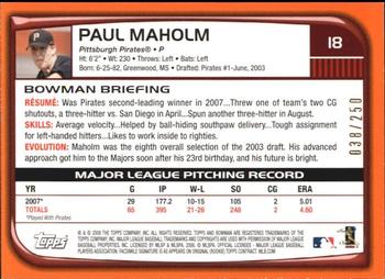2008 Bowman - Orange #18 Paul Maholm Back