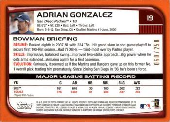 2008 Bowman - Orange #19 Adrian Gonzalez Back