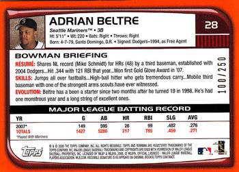 2008 Bowman - Orange #28 Adrian Beltre Back