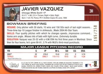 2008 Bowman - Orange #31 Javier Vazquez Back