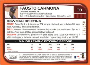 2008 Bowman - Orange #39 Fausto Carmona Back