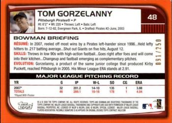 2008 Bowman - Orange #48 Tom Gorzelanny Back