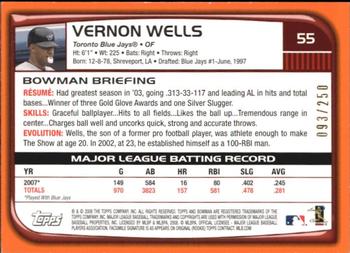 2008 Bowman - Orange #55 Vernon Wells Back